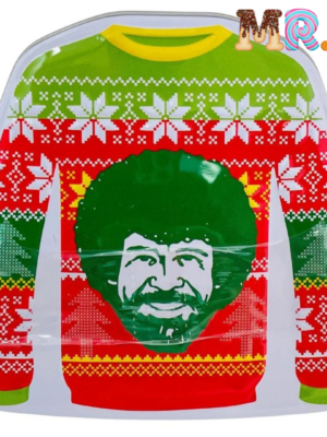 Merry Bob Ross Happy Tree Shaped Green Apple Sours Christmas Sweater